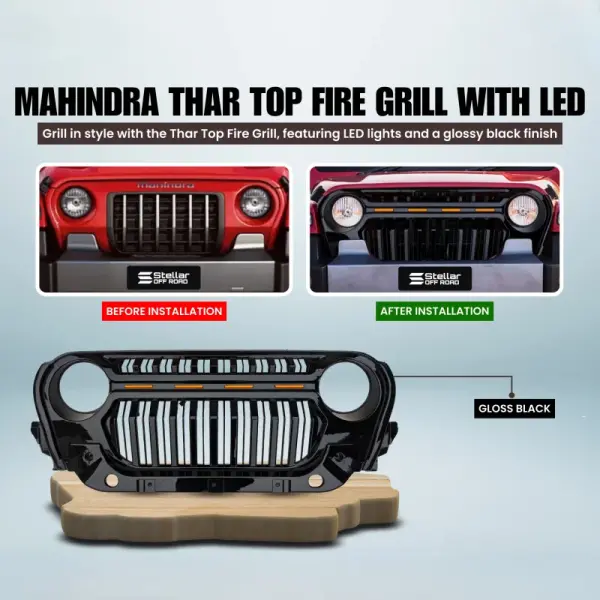 Mahindra Thar Top Fire Grill With LED Matt Black Gloss Black